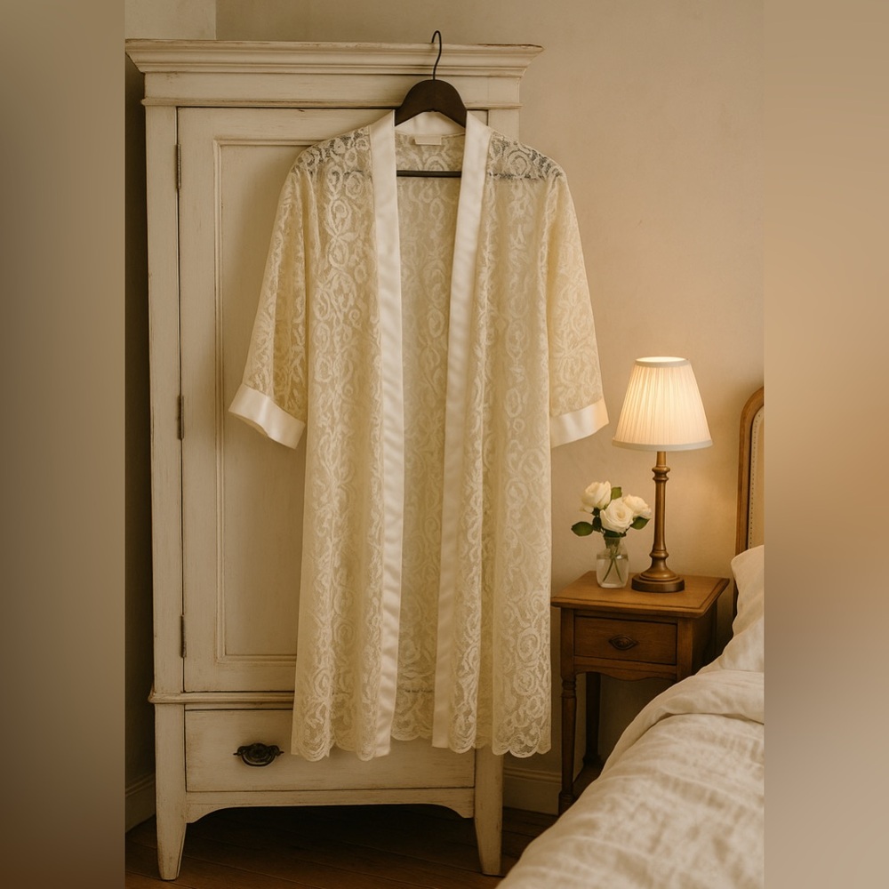 Sophia Morgan vintage lace Elegant Cream Lace Kimono robe